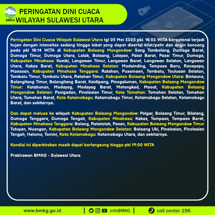Peringatan dini BMKG Cuaca di Sulawesi Utara, Senin (5/5/2025)