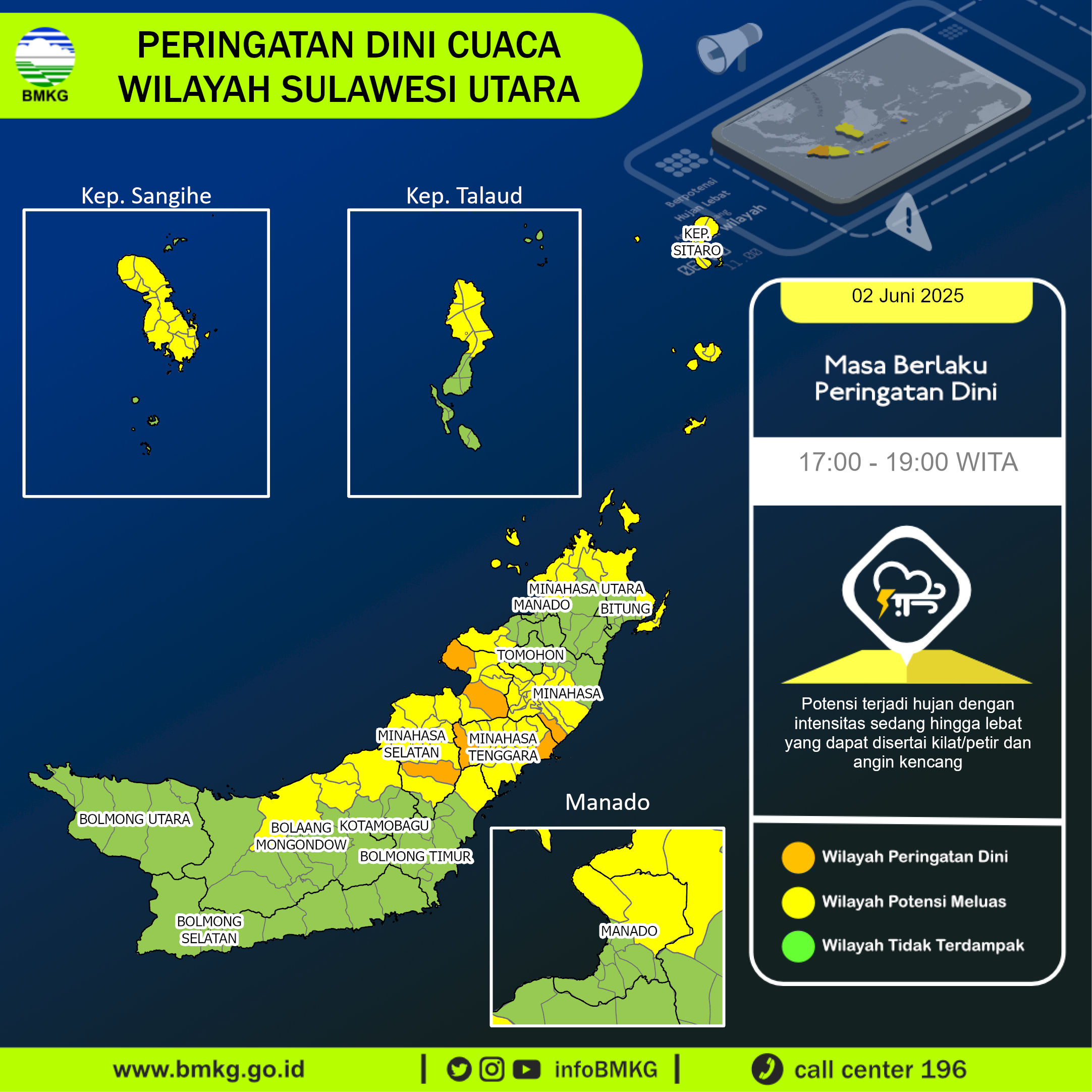 Peringatan dini BMKG cuaca di Sulawesi Utara, Senin (2/6/2025).