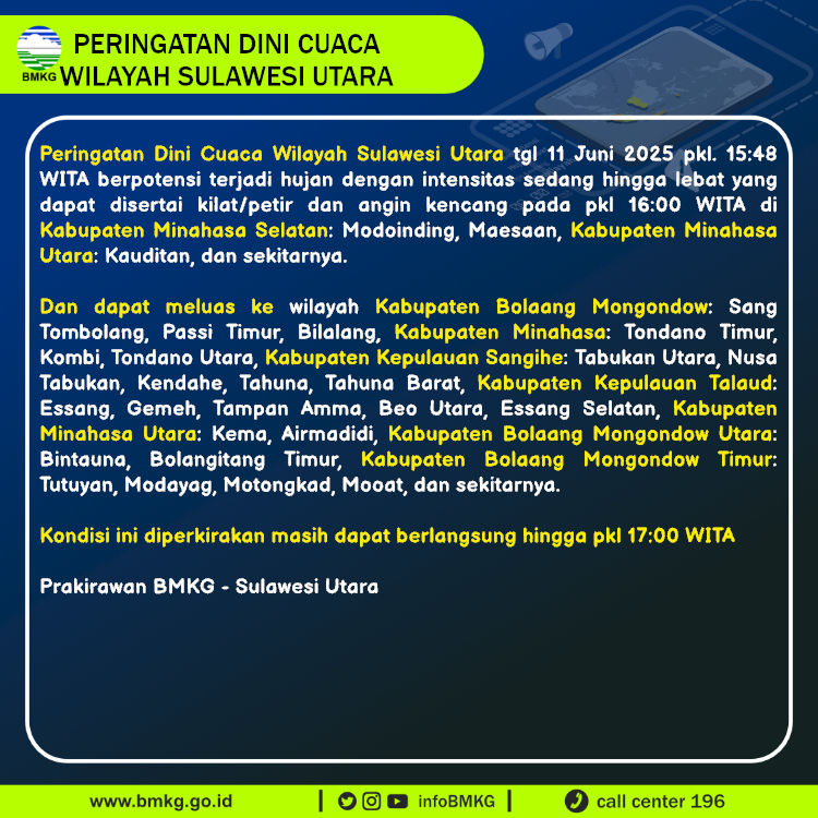 Peringatan dini BMKG cuaca di Sulawesi Utara, Rabu (11/6/2025).