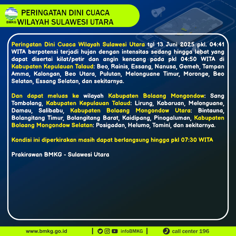 Peringatan dini BMKG cuaca di Sulawesi Utara, Jumat (13/6/2025).