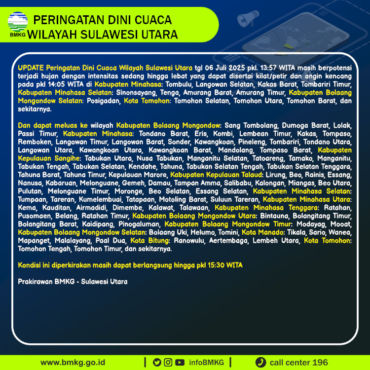 Peringatan dini BMKG cuaca di Sulawesi Utara, Minggu (6/7/2025).