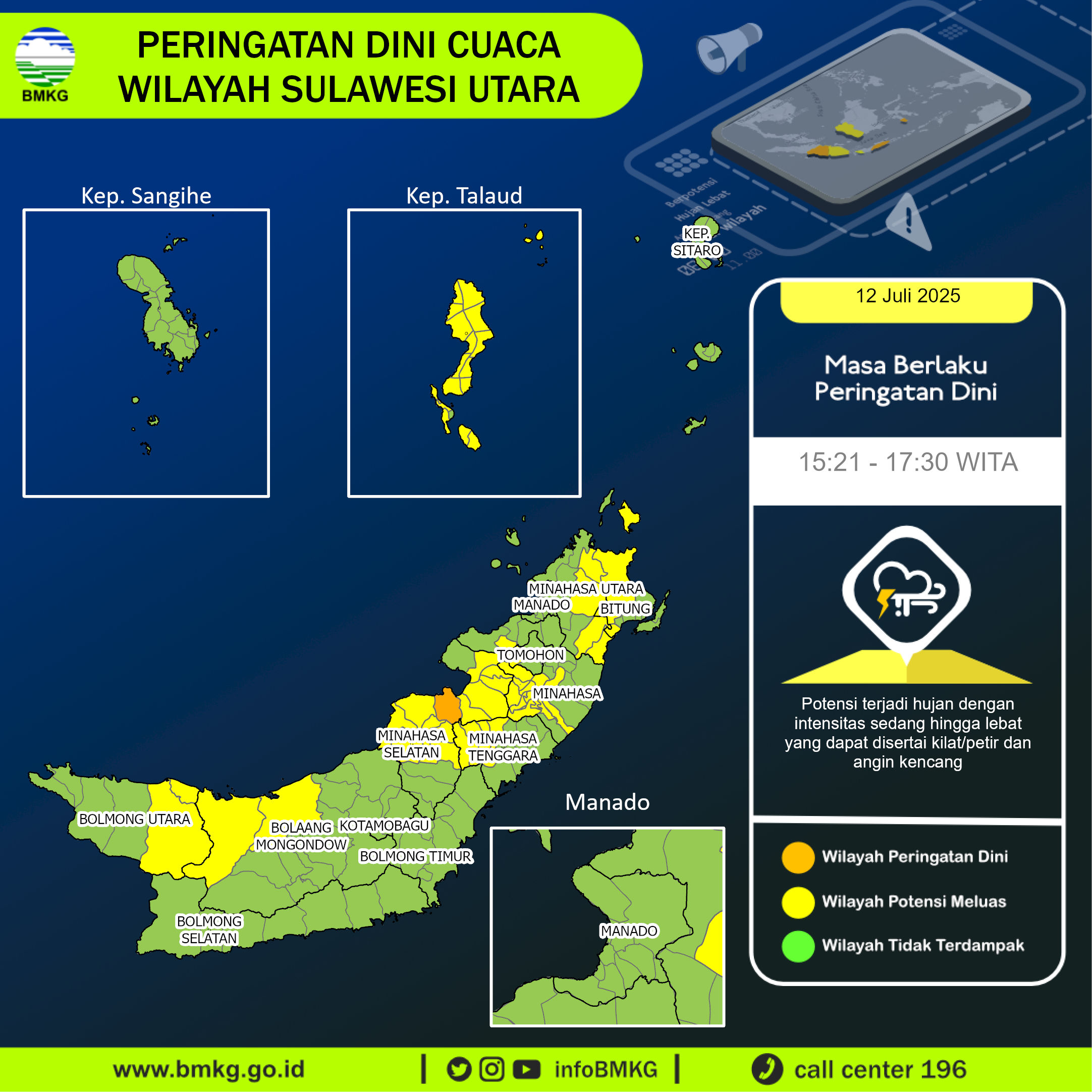Peringatan dini BMKG cuaca di Sulawesi Utara, Sabtu (12/7/2025).