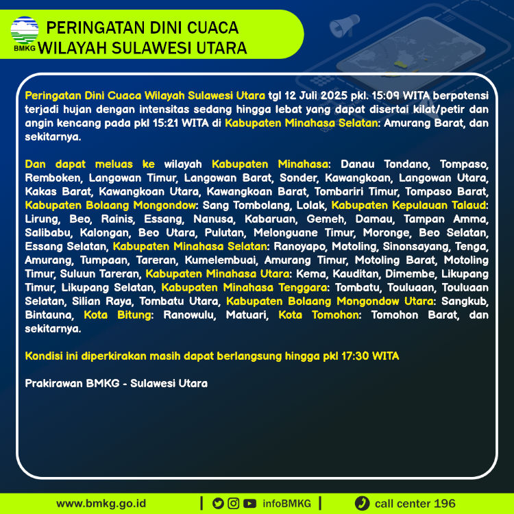 Peringatan dini BMKG cuaca di Sulawesi Utara, Sabtu (12/7/2025).