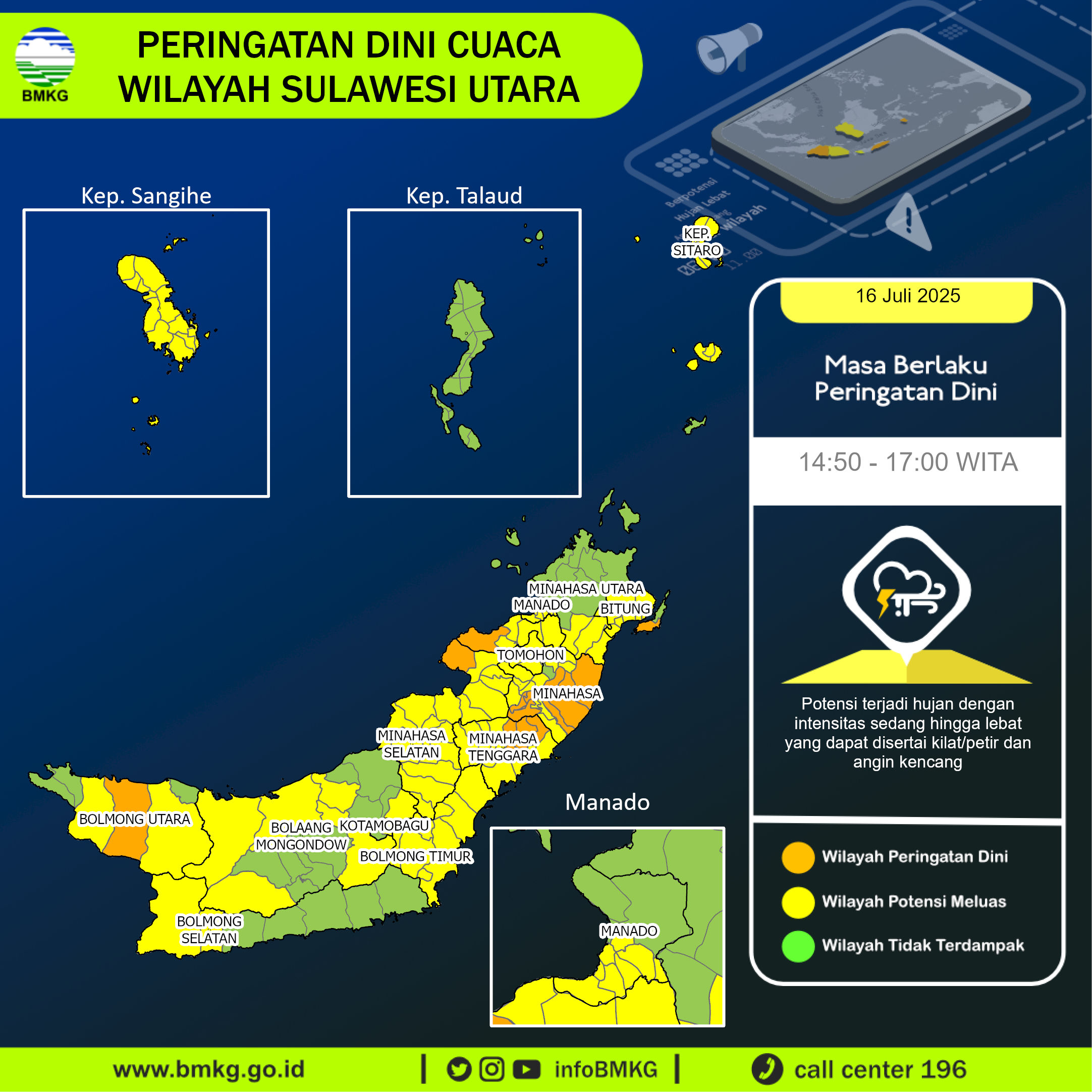 Peringatan dini BMKG cuaca di Sulawesi Utara, Rabu (16/7/2025).