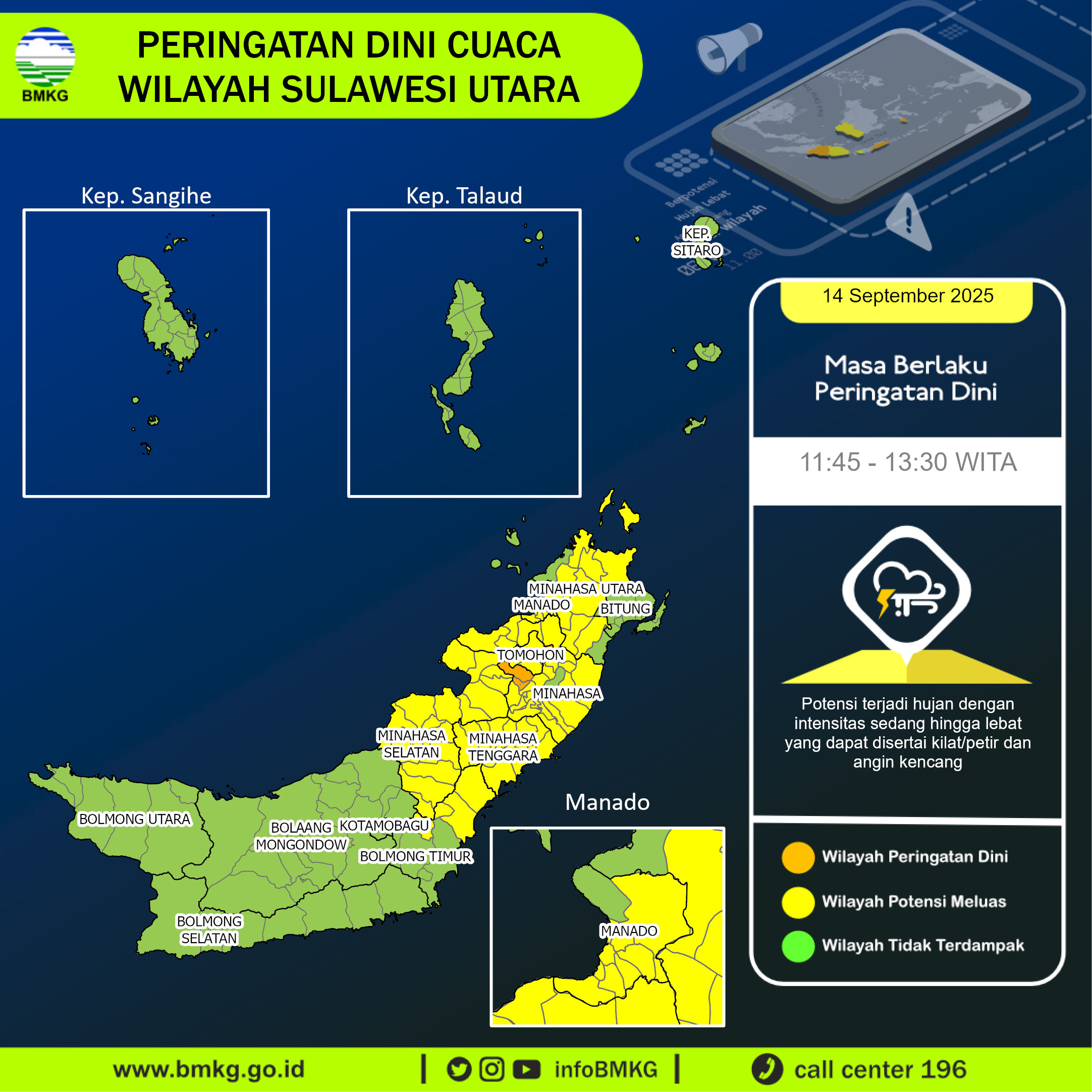 Peringatan dini BMKG cuaca di Sulawesi Utara, Minggu (14/9/2025).