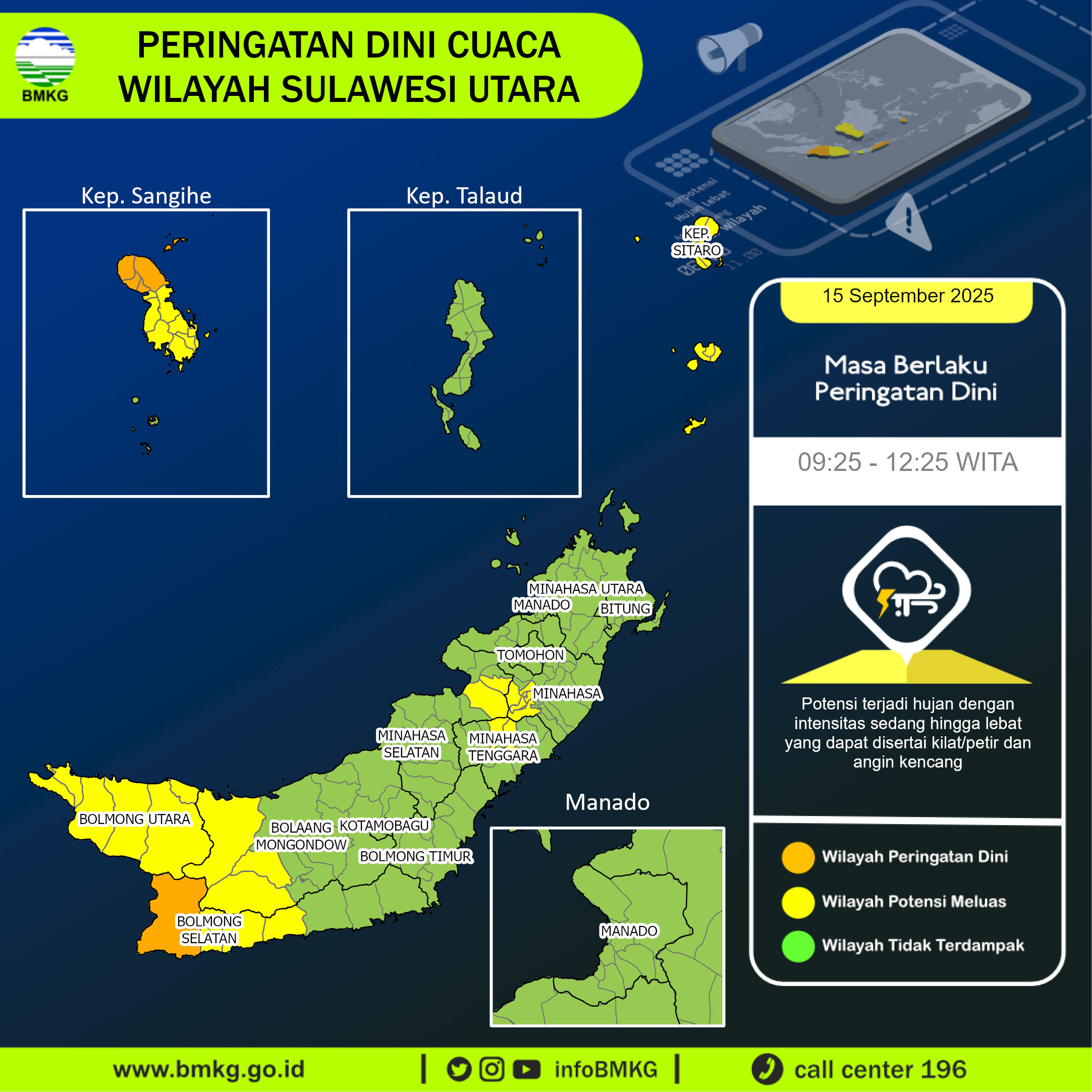 Peringatan dini BMKG cuaca di Sulawesi Utara, Senin (15/9/2025).