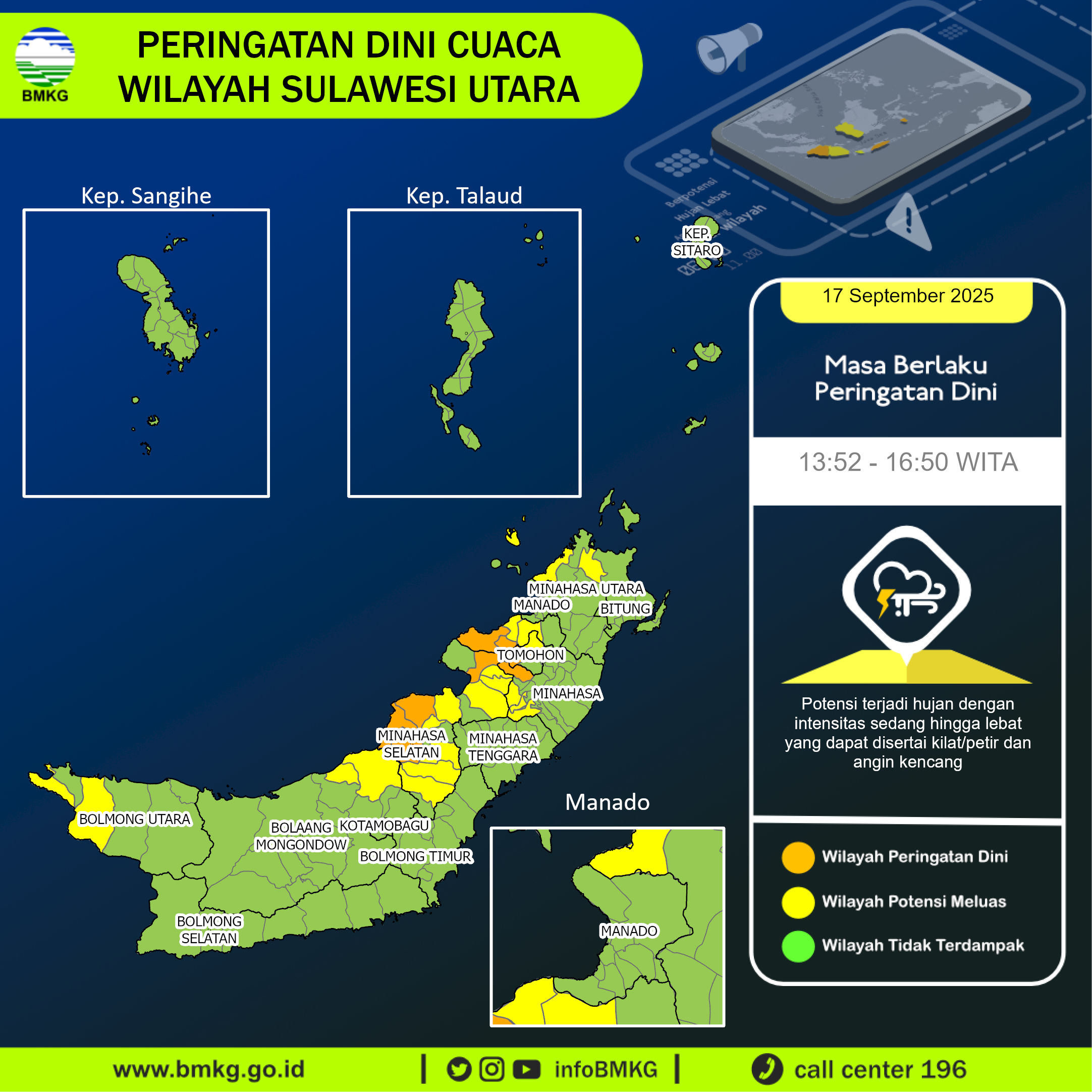 Peringatan dini BMKG cuaca di Sulawesi Utara, Rabu (17/9/2025).