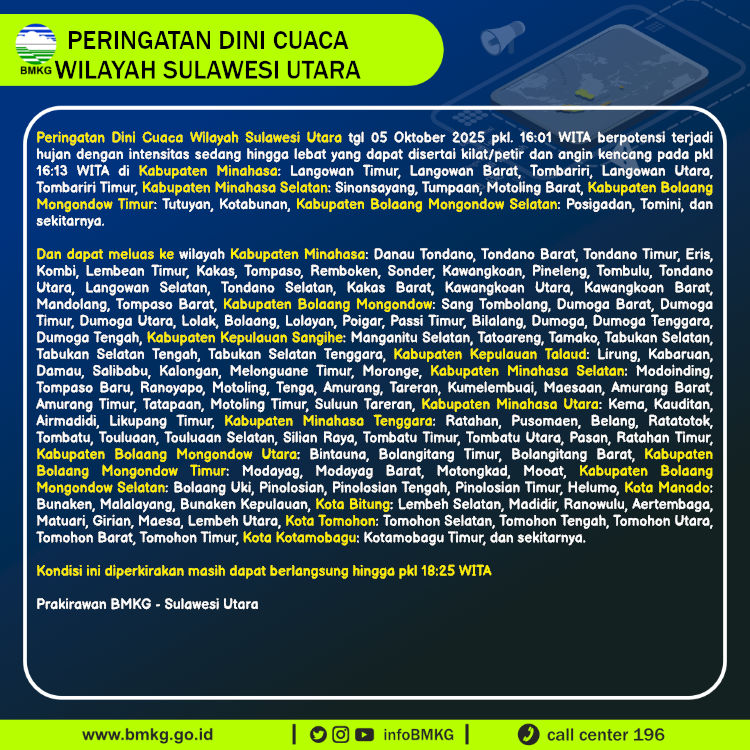 Peringatan dini BMKG cuaca di Sulawesi Utara, Minggu (5/10/2025).