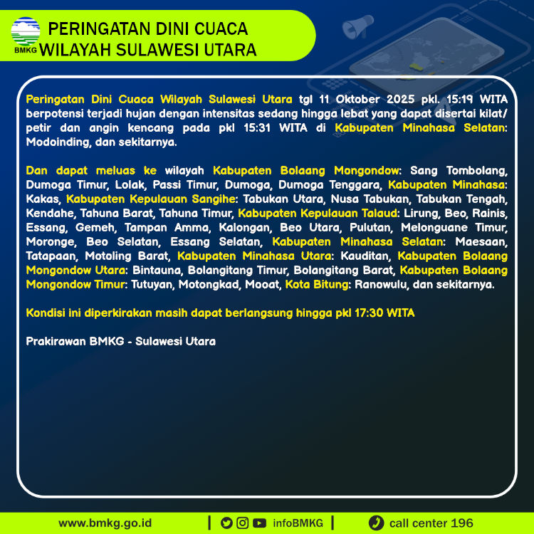 Peringatan dini BMKG cuaca di Sulawesi Utara, Sabtu 11 Oktober 2025