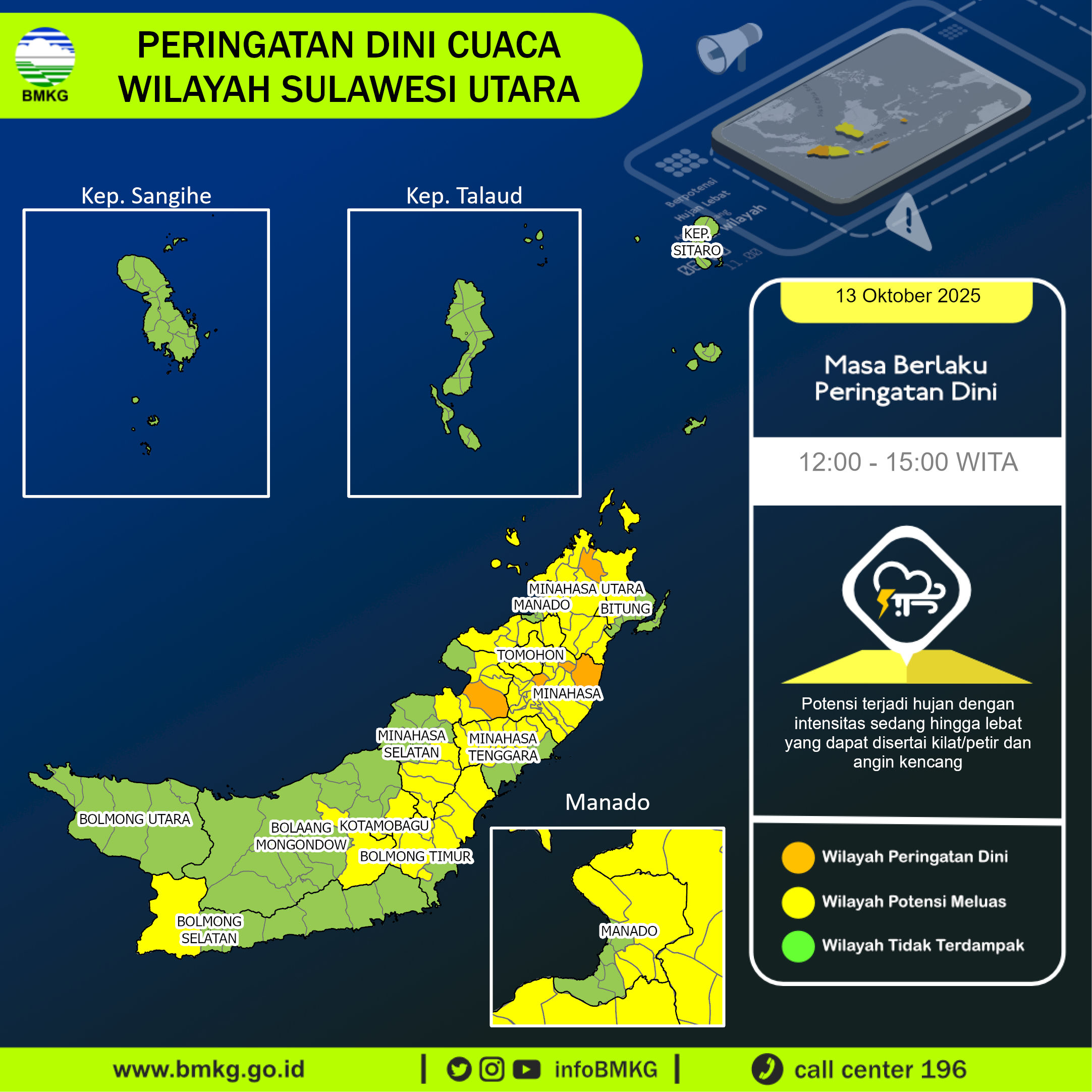 Peringatan dini BMKG cuaca di Sulawesi Utara, Senin (13/10/2025).