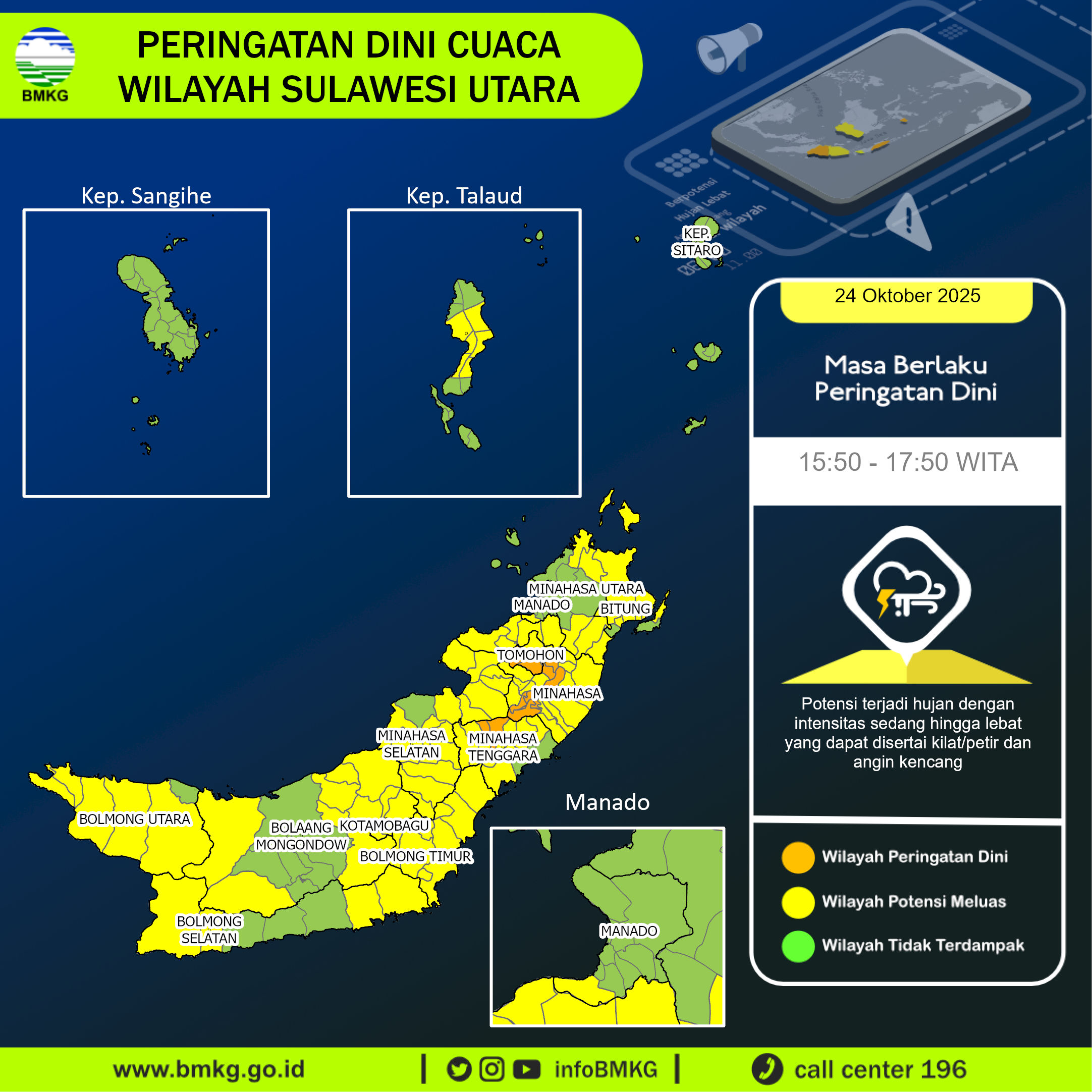 Peringatan dini BMKG cuaca di Sulawesi Utara, Jumat (24/10/2025).