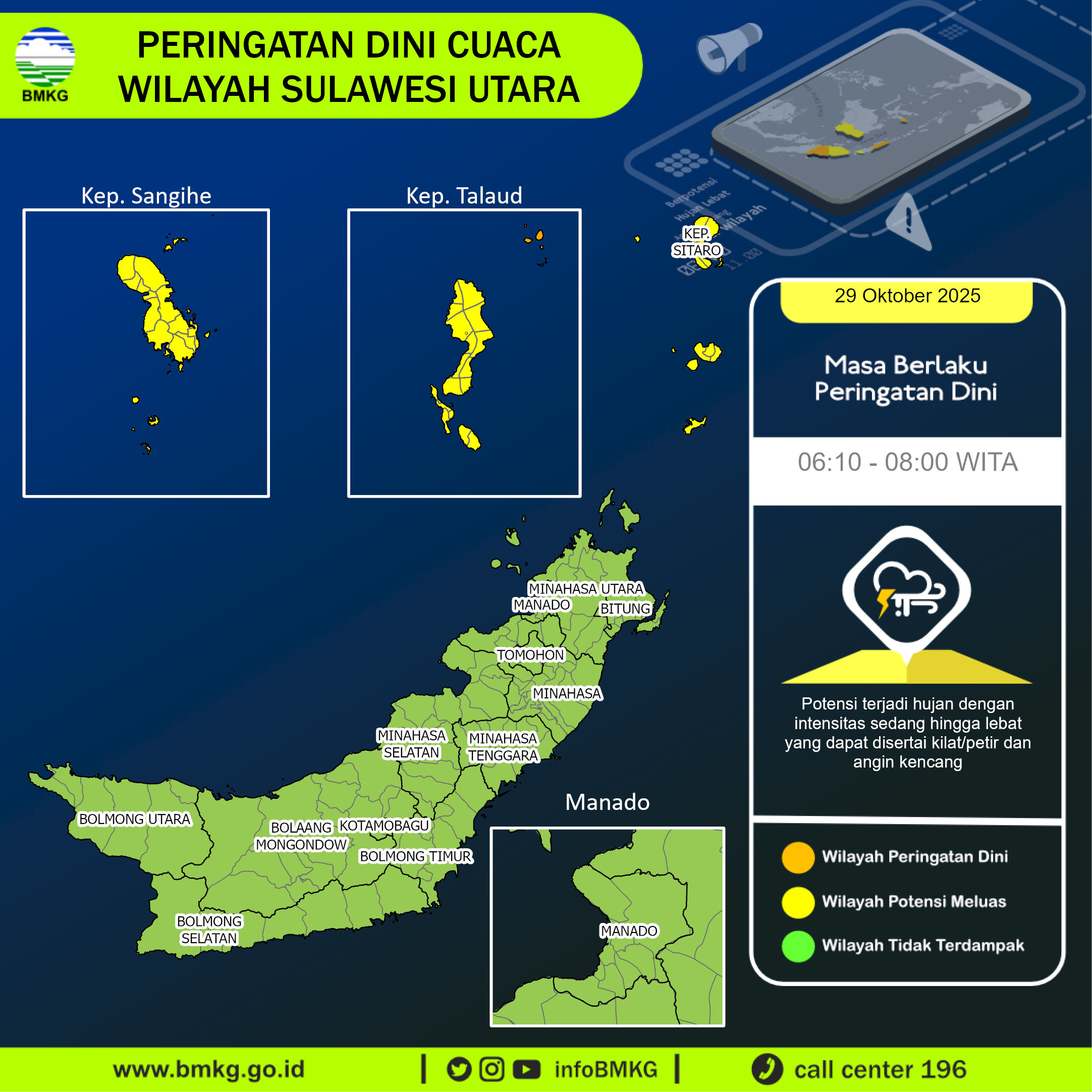 Peringatan dini BMKG cuaca di Sulawesi Utara, Rabu (29/10/2025).