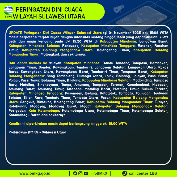 Peringatan dini BMKG cuaca di Sulawesi Utara, Sabtu (1/11/2025).