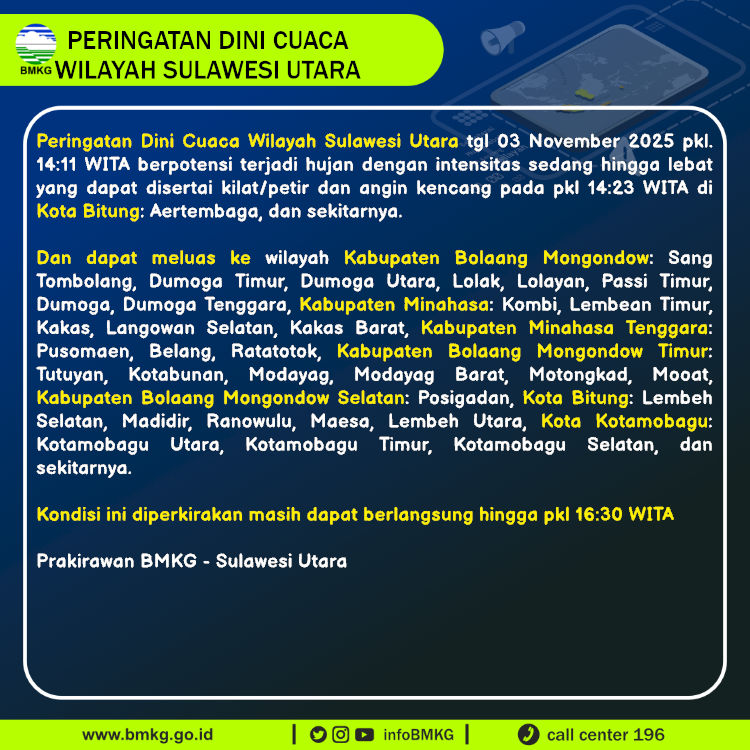 Peringatan dini BMKG cuaca di Sulawesi Utara, Senin (3/11/2025).