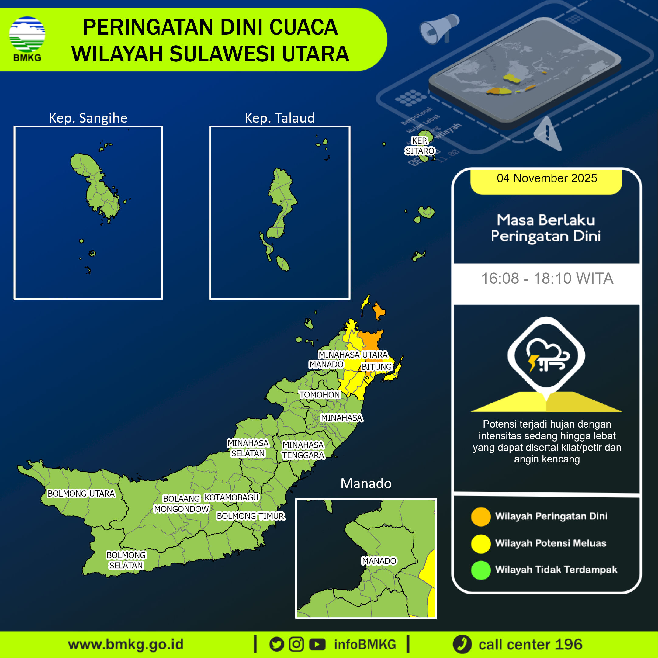Peringatan dini BMKG cuaca di Sulawesi Utara, Selasa (4/11/2025).