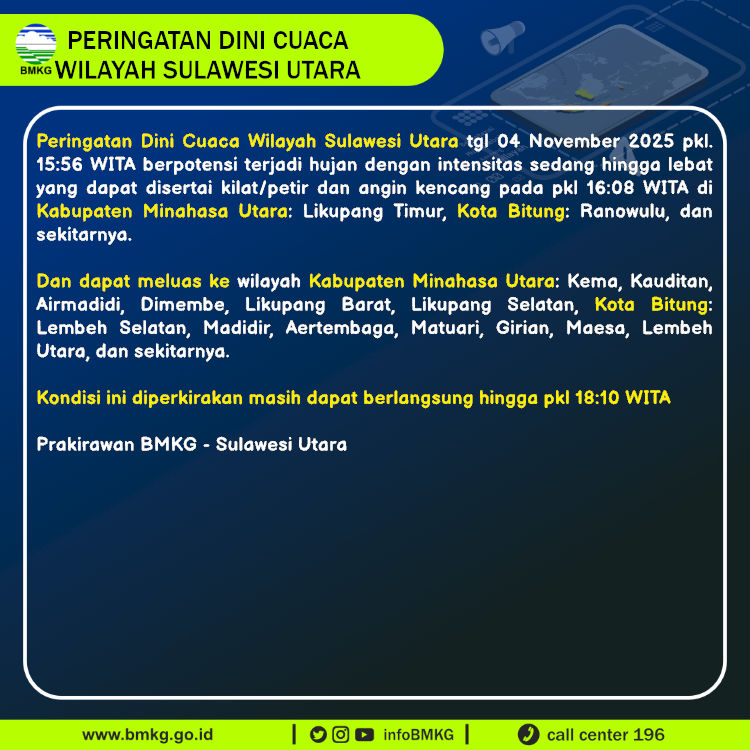 Peringatan dini BMKG cuaca di Sulawesi Utara, Selasa (4/11/2025).
