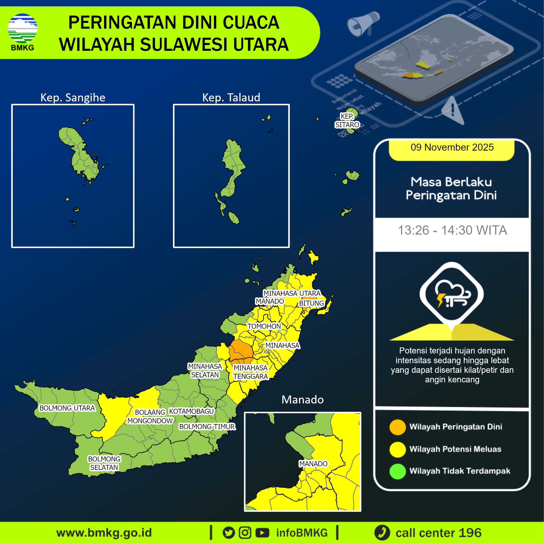 Peringatan dini BMKG cuaca di Sulawesi Utara, Minggu (9/11/2025).
