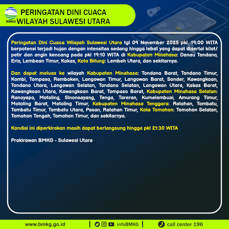 Peringatan dini BMKG cuaca di Sulawesi Utara, Minggu (9/11/2025).