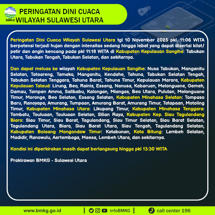Peringatan dini BMKG cuaca di Sulawesi Utara, Senin (10/11/2025).