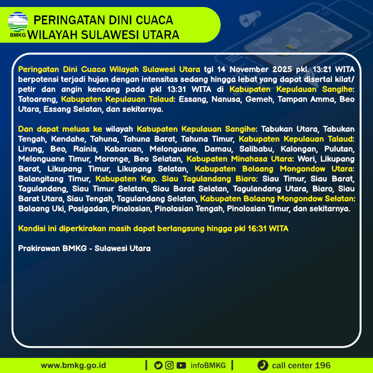 Peringatan dini BMKG cuaca di Sulawesi Utara, Jumat (14/11/2025).