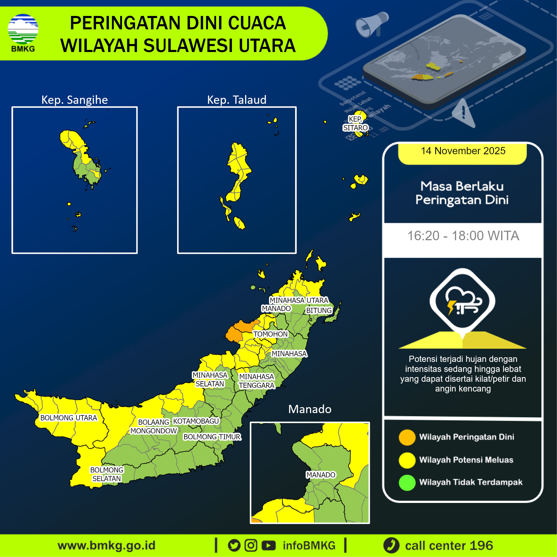Peringatan dini BMKG cuaca di Sulawesi Utara, Jumat (14/11/2025).