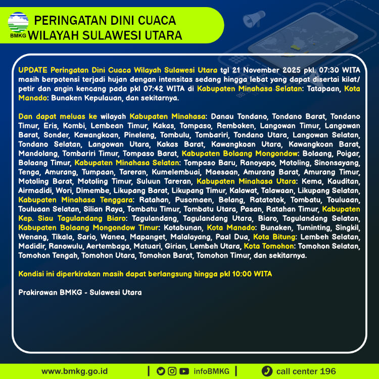 Peringatan Dini Cuaca <a href='https://manado.tribunnews.com/tag/sulawesi-utara' title='Sulawesi Utara'>Sulawesi Utara</a>