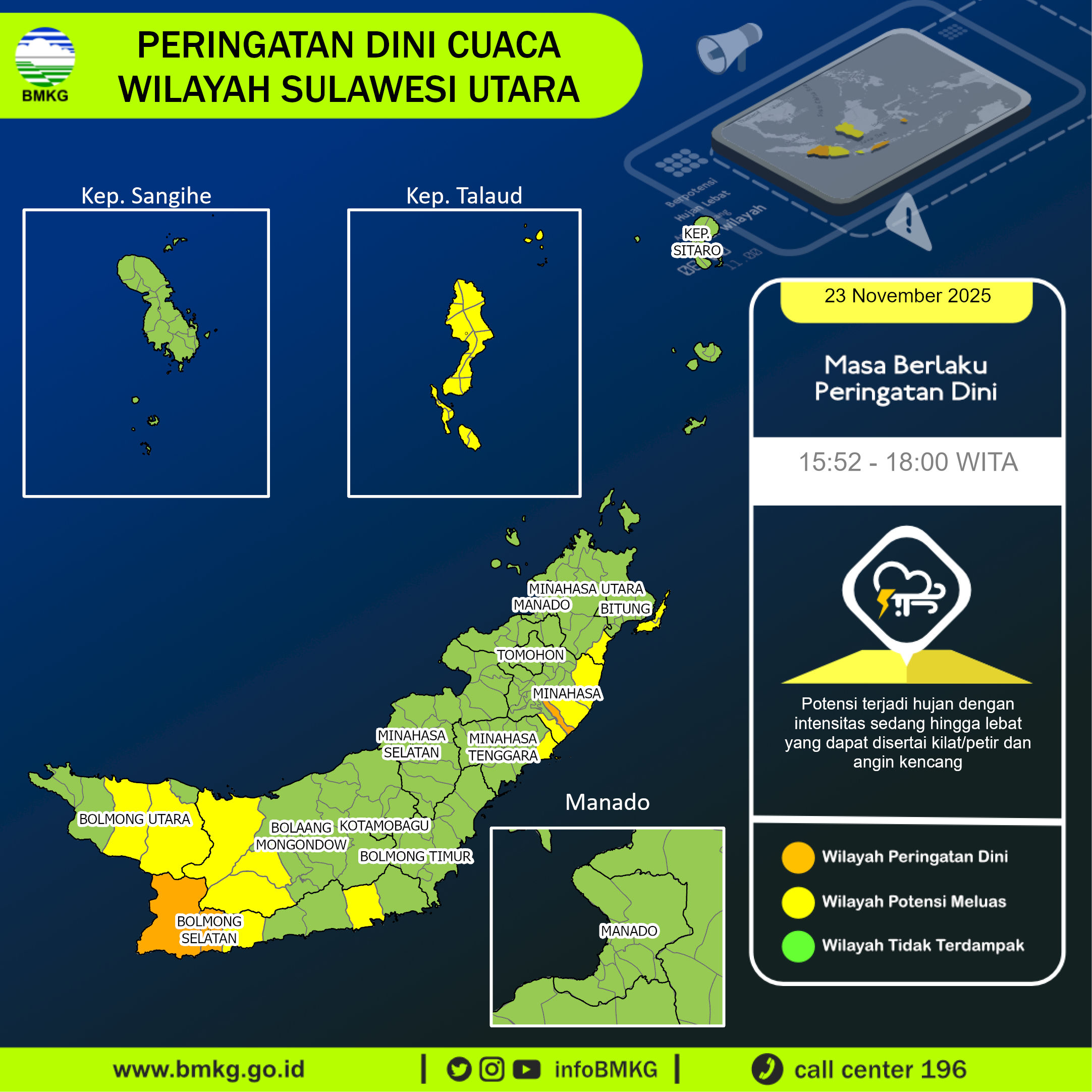 Peringatan dini cuaca di Sulawesi Utara, Minggu (23/11/2025).
